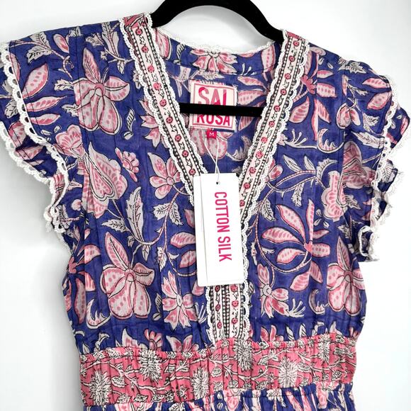NWT Sal Rosa Womens Boho Hand Block-Printed Floral Tiered Maxi Dress Size M $235 - Picture 7 of 12